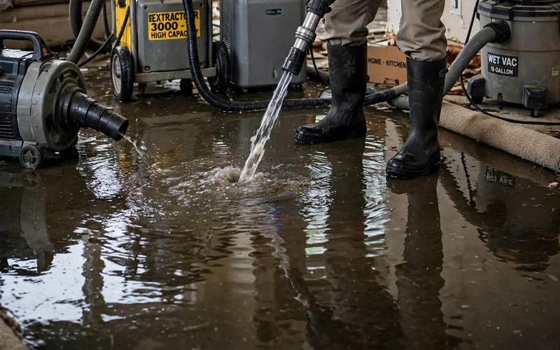 Pump and extractor removing floodwater in a Canton OH home