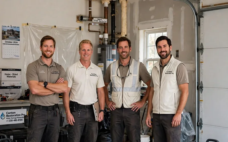 Restoration team with drying gear in a garage